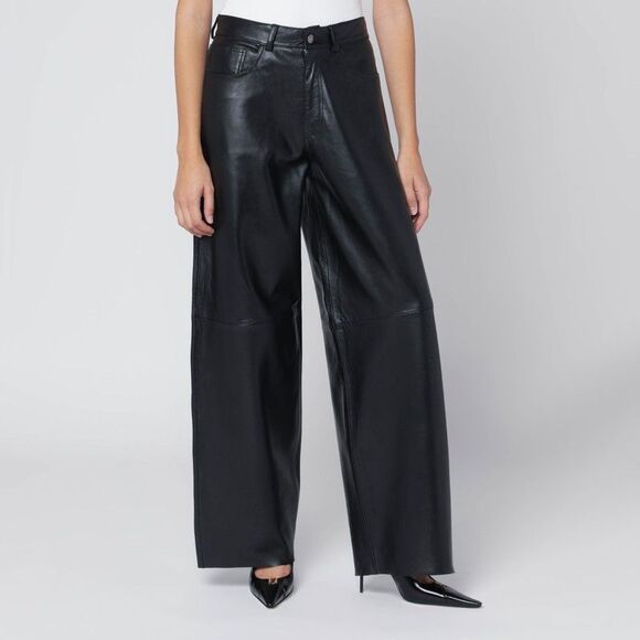 Haikure Wide Black Leather Pants Women - Picture 1 of 2